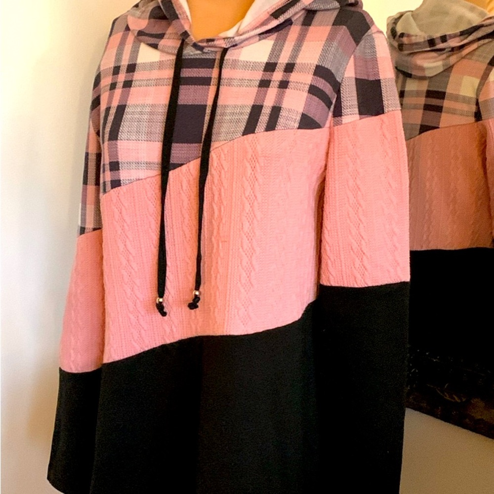 SWEATSHIRT HOODIE PINK PLAID UNIQUE SIZE SMALL